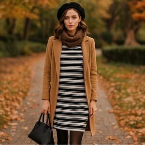 LOFT Black White Stripe Career 3/4 Sleeves Casual Ponte Knit Dress stretch NWT M